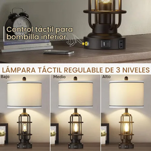 Vista 5 de Modern Table Lamps Set of 2, Industrial 3-Way Dimmable Bedside Lamp with USB A+C Ports & AC Outlet, 25" Touch Control Nightstand Lamp LED Night