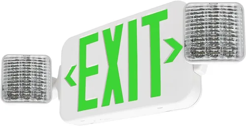 Vista 2 de LFI Lights Letrero de salida verde combinado con luces de emergencia Carcasa blanca Todos los LED Dos cabezales cuadrados ajustables