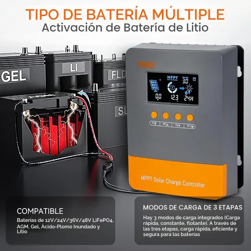 Vista 4 de PowMr Controlador de carga solar MPPT de 60 amperios 12V/24V/36V/48V DC entrada 60A MPPT controlador de carga Max PV entrada 160V pantalla LCD