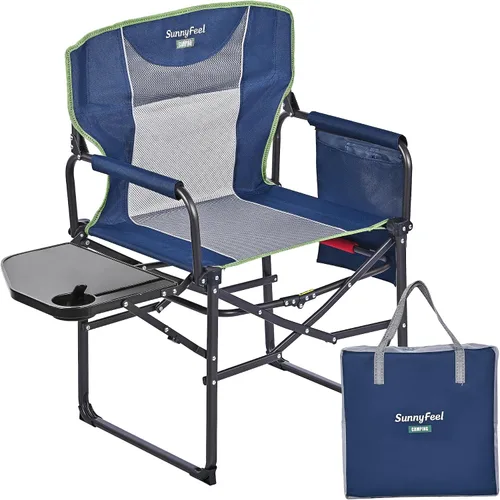 Vista 27 de SUNNYFEEL Silla de Directores de Camping, Silla Plegable Portátil de Gran Tamaño con Mesa Lateral, Bolsillo para Playa, Pesca, Viaje, Picnic
