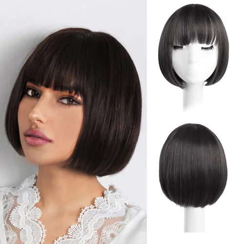 Vista 18 de Pelucas Bob con flequillo, peluca de cabello castaño rojizo de 10 Caoba