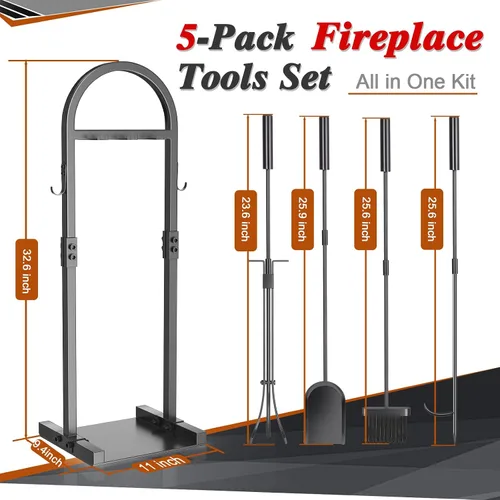 Vista 3 de FUQUN Juego de herramientas para chimenea, 5 piezas de póquer resistente con soporte, accesorios de hierro forjado para estufa de leña