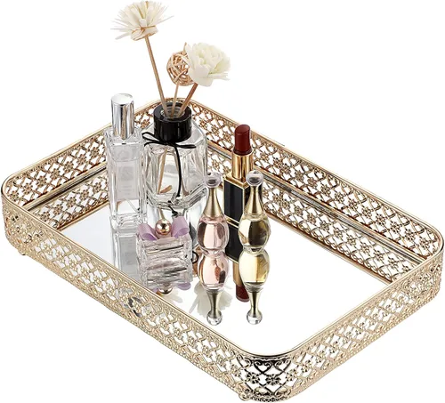 Vista 11 de ELLDOO - Bandeja negra para perfumes y maquillaje, bandeja de joyería con talla hueca, organizador de vidrio y metal para baratijas para cómoda