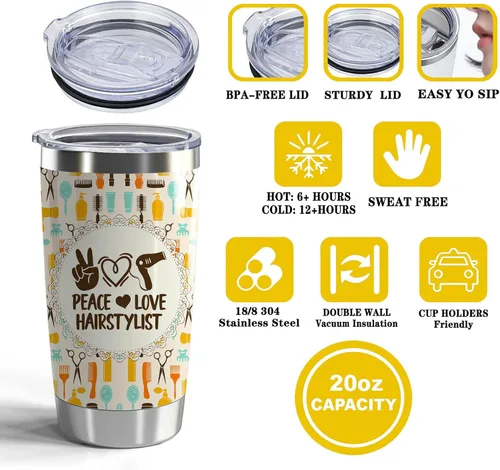 Vista 3 de Vaso de 20 onzas con tapa y pajita, regalo de graduación, peluquero, viaje, esteticista (Tumbler-Peace Hairstylist)