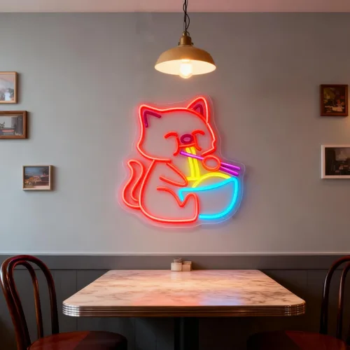 Vista 3 de Letrero de neón con texto en inglés "Noodle Cat" con luz abierta, letras LED para decoración de pared, letreros de puerta decorativos LED