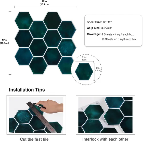 Vista 8 de CRE8TIVE 4 hojas de azulejos para despegar y pegar en muro para cocina, azulejos hexagonales de 12 x 12 pulgadas, color verde esmeralda