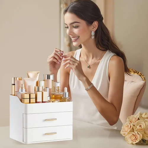 Vista 5 de HBlife Organizador de maquillaje para tocador con 2 cajones, organizador grande de cosméticos para encimera de baño, almacenamiento para el cuidado