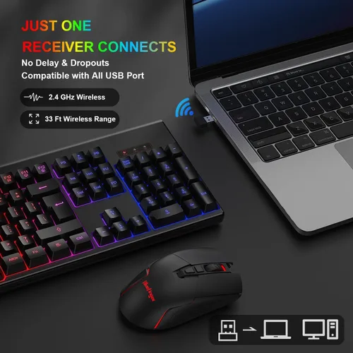 Vista 2 de Teclado y mouse inalámbricos para juegos, teclado inalámbrico recargable con retroiluminación arcoíris y mouse ergonómico con iluminación
