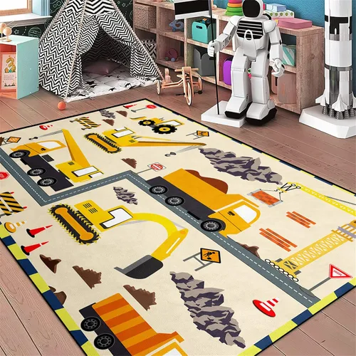 Vista 36 de Alfombra de construcción – Alfombras de construcción para habitación de niños, divertido diseño de camión de dibujos animados, alfombra de coche
