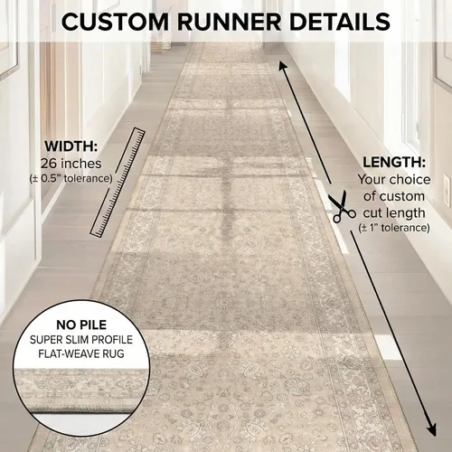 Vista 4 de Well Woven Alfombra de Pasillo y Escalera de Tamaño Personalizado - Asha Rome Beige Crema 26 Pulgadas de Ancho x 2 Pies de Largo Alfombra