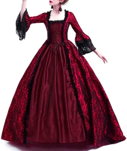 Vista 4 de CZHJS Vestido medieval para mujer, vestido victoriano de encaje de manga larga, vestido retro gótico delgado, vestido de túnica renacentista hasta