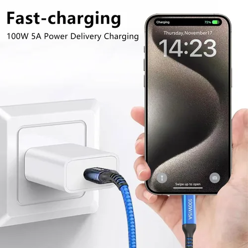 Vista 3 de Cable tipo C a tipo C de 100 W, 6.6 ft, 2 unidades, carga rápida de 5 A, cable de alimentación USB C para iPhone 15, iPad Mini 6, iPad Pro 12.9 11