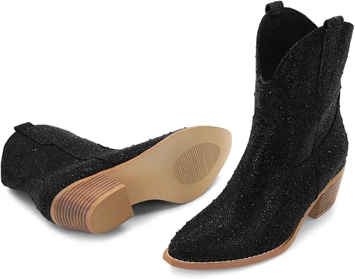 Vista 5 de SOVANYOU - Botas de cowboy con tachuelas para mujer, puntera en forma de almendra, tacón de bloque brillante, botas de vaquera con tachuelas