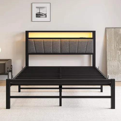 Vista 4 de BOFENG Base de cama matrimonial con cabecera de almacenamiento tapizada y estación de carga, luces LED, plataforma de metal resistente, marco