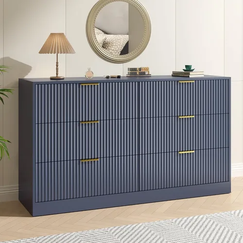 Vista 17 de Cómoda negra con 6 cajones profundos, cómoda acanalada de 55" de ancho para dormitorio con tirador dorado, cómoda moderna para armario, dormitorio