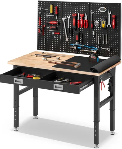 Vista 12 de ENJOYWOOD Mesa de trabajo para garaje de 60 pulgadas Banco de trabajo con almacenamiento Altura ajustable Tablero de madera de goma Banco de trabajo