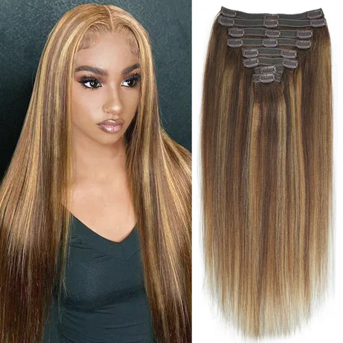 Vista 22 de Extensiones de cabello humano real rizado con clip, 4/27/4, ombré, rizado con clip, para mujer, 3C y 4A (12 pulgadas, #4/27/4)