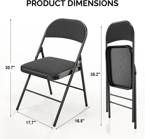 Vista 3 de Bonnlo Silla plegable, sillas plegables acolchadas de tela con cojín, respaldo y marco de acero para interiores y exteriores, comedor, oficina, Negro