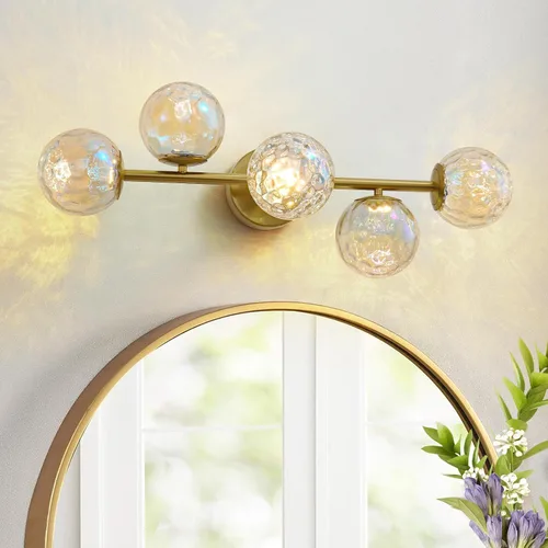 Vista 9 de Luz LED negra para tocador de baño: 5 luces de vidrio martillado colorido globo de luz - Luces de pared únicas de mediados de siglo modernas