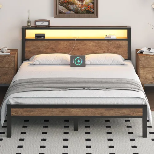 Vista 21 de LOEWAY Base de cama tamaño Queen con cabecero de almacenamiento y luces LED, color gris