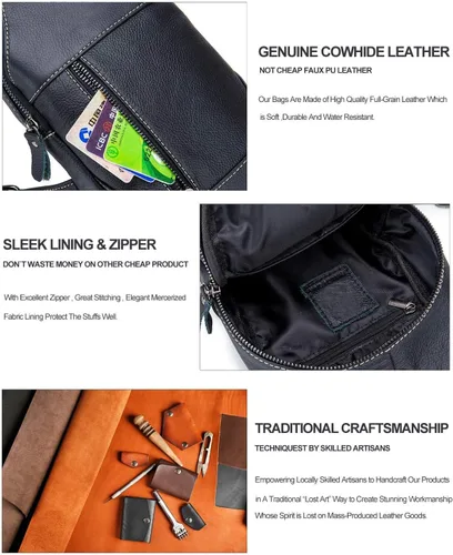 Vista 5 de Bolso bandolera pequeño de cuero para mujeres y hombres, bolsa cruzada, bolsa de pecho, mochila de viaje de hombro, resistente al agua, Negro