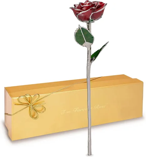 Vista 11 de Forever Rose Rosa real de dos tonos púrpura con pétalos ribeteados en platino y tallo de platino, rosa preservada hecha a mano en lujosa caja