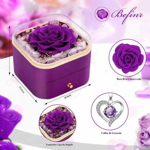 Vista 2 de Beferr Regalos de cumpleaños para mujeres, rosa real preservada con collar, rosas moradas eternas, flores para la entrega, aniversario, día de la A