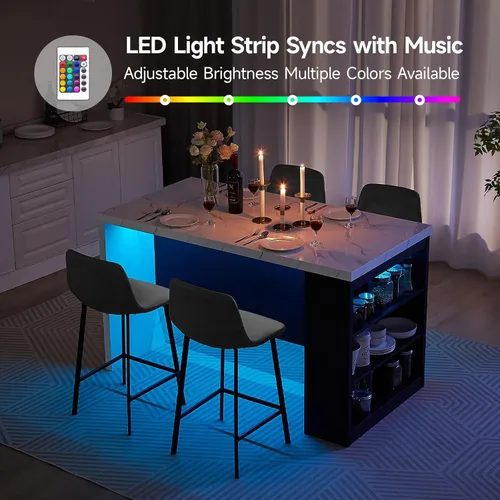 Vista 5 de ONBRILL Mesa completa de mesa de isla de cocina de 61 x 31 pulgadas con espacio de almacenamiento, toma de corriente y luces LED, mesa de comedor