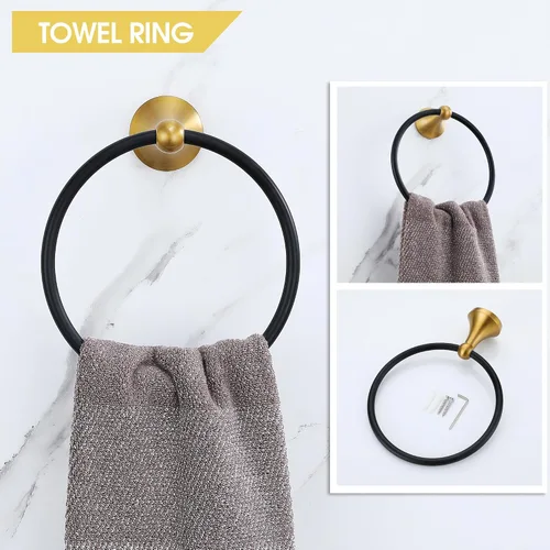 Vista 4 de Juego de Herrajes de Baño Dorado Cepillado y Negro, Kit de Accesorios de Baño Negro y Dorado de 4 Piezas de Acero Inoxidable Barra de Toalla de 23.6