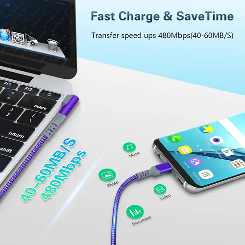 Vista 4 de Paquete de 5 cables USB C a USB C de 10 pies en ángulo recto USB C extra largo de 60 W/3A tipo C a tipo C, cable de carga rápida compatible