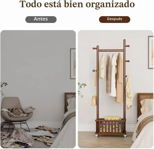 Vista 6 de Taitiy Perchero de madera maciza, perchero de ropa, perchero de pie sin necesidad de montaje con cesta de almacenamiento y 5 ganchos, árbol