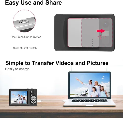 Vista 5 de Cámara digital para niños, adolescentes y principiantes - 1080P FHD 48MP, LCD de 2.83 pulgadas, zoom digital 18X y antivibración, tarjeta SD de 32