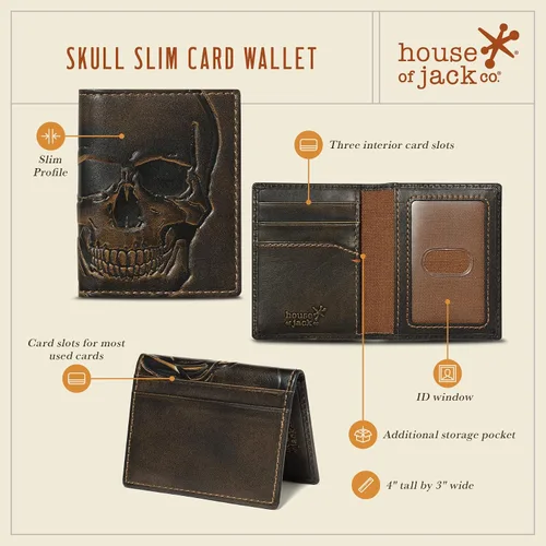 Vista 4 de HoJ Co. SKULL - Cartera delgada para tarjetas Funda plegable Cartera minimalista de bolsillo frontal Cuero de grano completo con acabado bruñido