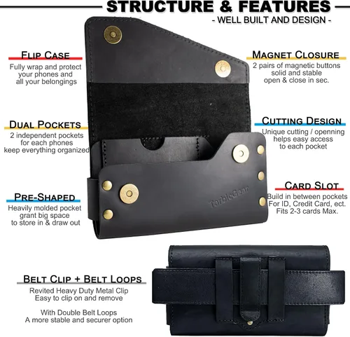 Vista 4 de Funda de cuero doble para teléfono para dos teléfonos, funda de teléfono doble para hombre, cinturón con clip para cinturón para iPhone 16 Pro Max