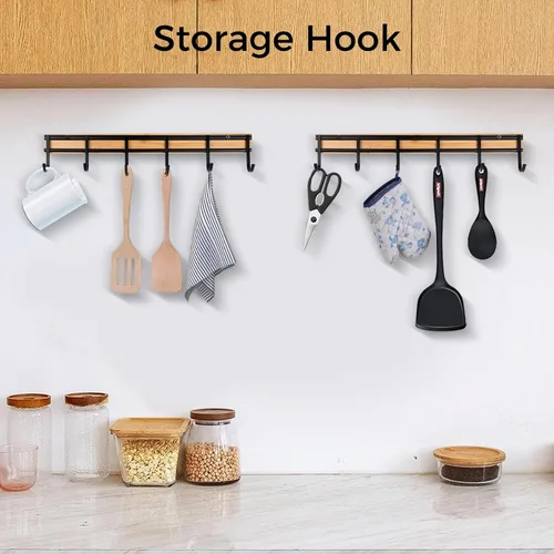 Vista 2 de Colgador de utensilios de cocina, organizador de estante con 6 ganchos, juego de 2 colgadores de pared para utensilios, gancho de pared resistente