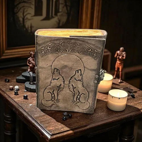 Vista 3 de Wolf Leather Journal with Moon Embossed Twin Wolf Grimoire Vintage Deckle Edge Paper Spell Book of Shadows Gothic Wiccan Notebook & Sketchbook