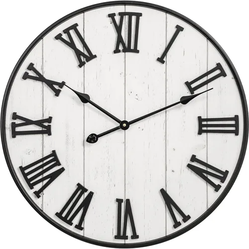 Vista 11 de Reloj de pared grande de granja, reloj de pared de madera rústica de 24 pulgadas decorativo con círculo de metal y números grabados, funciona