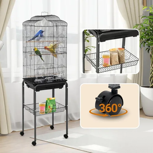 Vista 4 de Jaula grande de metal para pájaros de 60 pulgadas con soporte, jaula de loro rodante con estante de almacenamiento, bandeja deslizante, perca