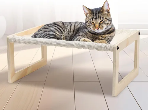 Vista 8 de Cama elevada para gatos, hamaca de madera para gatos con cojín lavable