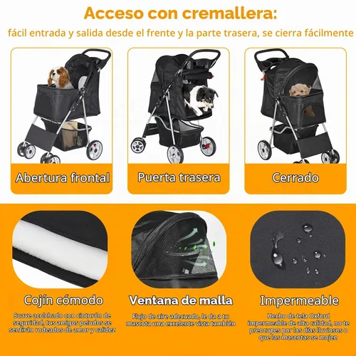Vista 2 de Cochecito plegable para perros de 4 ruedas para gatos pequeños y medianos, cachorros, portátil, para viajes, campamento, con cesta de Negro