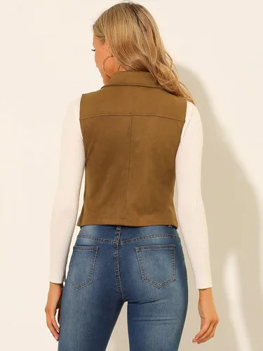 Vista 5 de Allegra K Chaleco de gamuza sintética para mujer, chaqueta casual sin mangas