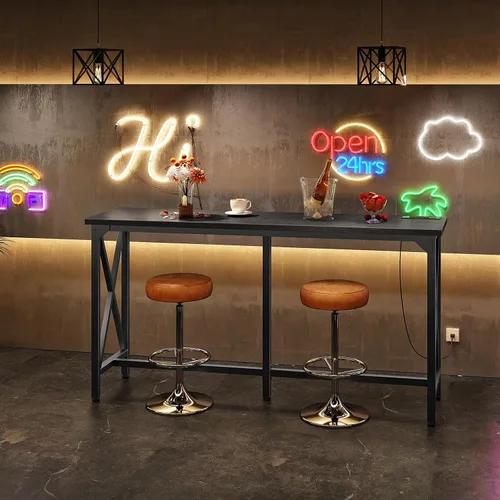 Vista 2 de CHOEZON Mesa de bar de 55 pulgadas, mesa de comedor de cocina con toma de corriente y reposapiés, estilo industrial, para pub, sala de estar, marrón