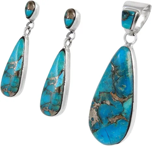 Vista 3 de Sterling Silver Genuine Turquoise Necklace & Earrings Matching Set (Choose Style)
