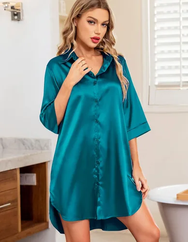 Vista 2 de Samring Camisón de seda para mujer, manga 34, con botones, camisola de satén para dormir