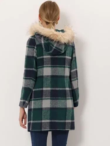 Vista 4 de Allegra K Abrigo de invierno grueso con botones y bolsillos frontales a cuadros para mujer con capucha esponjosa