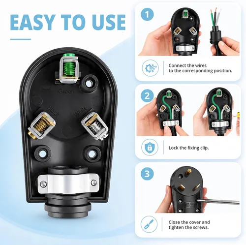 Vista 5 de Enchufe macho de repuesto para autocaravana 30A, TT-30P para cable Negro