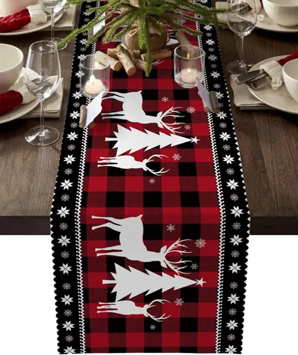 Vista 2 de Camino de mesa de Navidad, color rojo y negro, búfalo a cuadros, algodón, lino, bufanda de invierno para cena, bufandas largas de 36 pulgadas