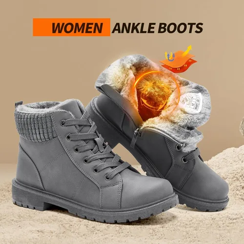 Vista 2 de Uoidru Botas de combate para mujer, botines de tobillo negro, botas de nieve de invierno, botas blancas con cordones, cómodas botas peludas