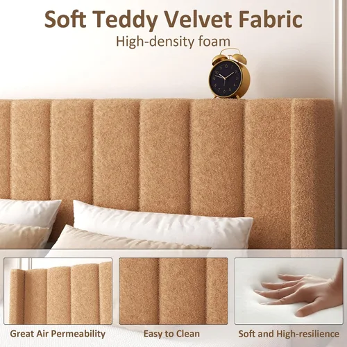 Vista 7 de Base de cama tamaño matrimonial con cabecero, marco de cama plataforma tapizado con cabecero de terciopelo tipo osito de peluche, soporte