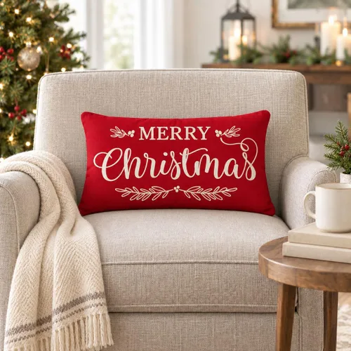 Vista 3 de Fundas de almohada PANDICORN ANDICORN Merry Christmas de 12 x 20 pulgadas, color rojo Rojo navideño
